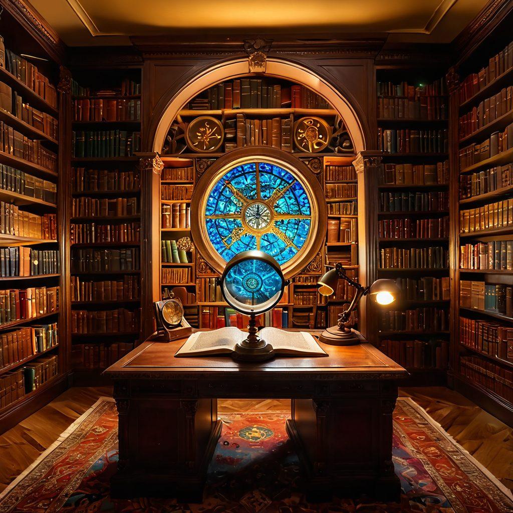 An intricate library filled with colorful books, illuminated by warm golden light; a scholar strategically using a magnifying glass over a glowing digital map symbolizing knowledge exploration; symbols of various search tools like magnifiers and gears floating around; the atmosphere conveys a sense of wisdom and discovery. vibrant colors. surrealism. warm lighting.