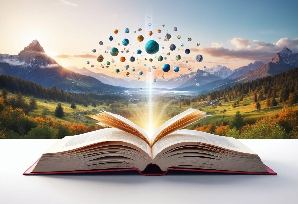 An open book with radiant light emanating from its pages, symbolizing the unlocking of knowledge. Surround the book with floating icons representing various fields of study, such as science, art, technology, and nature. In the background, a panoramic view of a city trail representing exploration and trends, with a subtle hint of a digital interface. The overall atmosphere should convey curiosity and enlightenment. super-realistic. vibrant colors. white background.