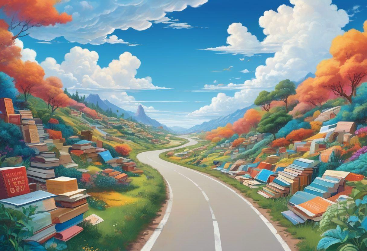 A winding road leading through a lush, vibrant landscape filled with diverse resources like books, articles, and media icons along the sides. Include a clear blue sky overhead dotted with fluffy clouds, and signs pointing toward various types of content like videos, podcasts, and written articles. The scene should convey a sense of exploration and discovery. colorful illustration. vibrant colors. clear blue sky.
